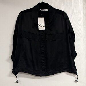 Zara Black Satin Cropped Button-up Shirt Size S